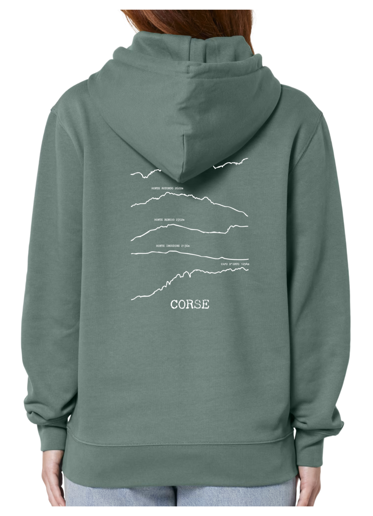 Sweat à capuche rando Vert Corse Peaxise by J'peux pas j'ai rando coton bio 350 GSM premium