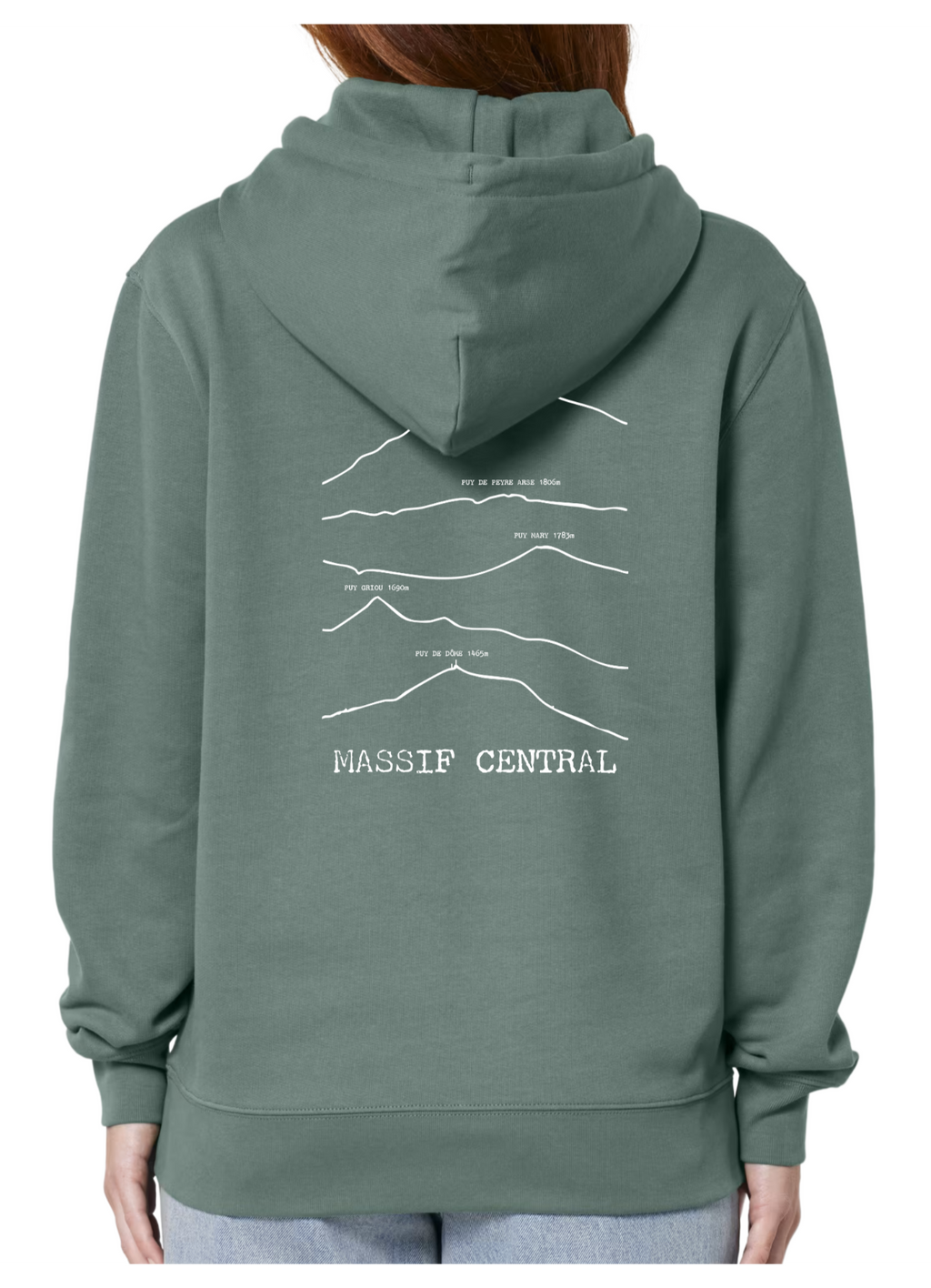 Sweat à capuche rando Vert Massif Central Peaxise by J'peux pas j'ai rando coton bio 350 GSM premium