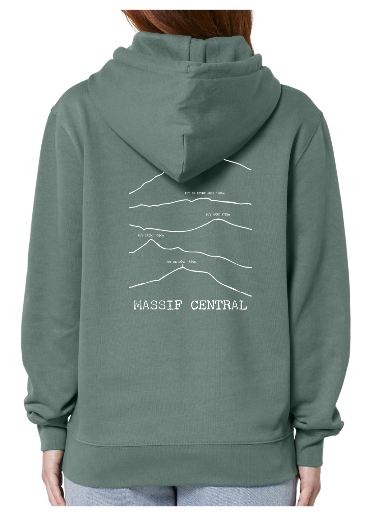 Sweat à capuche rando Vert Massif Central Peaxise by J'peux pas j'ai rando coton bio 350 GSM premium