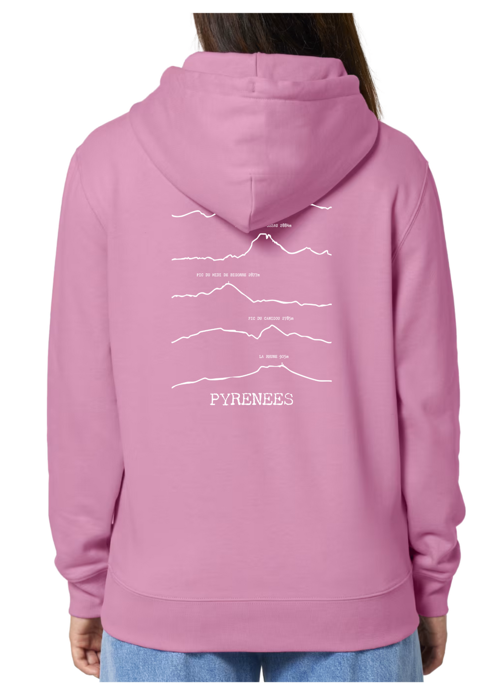 Sweat à capuche rando rose Pyrénées Peaxise by J'peux pas j'ai rando coton bio 350 GSM premium