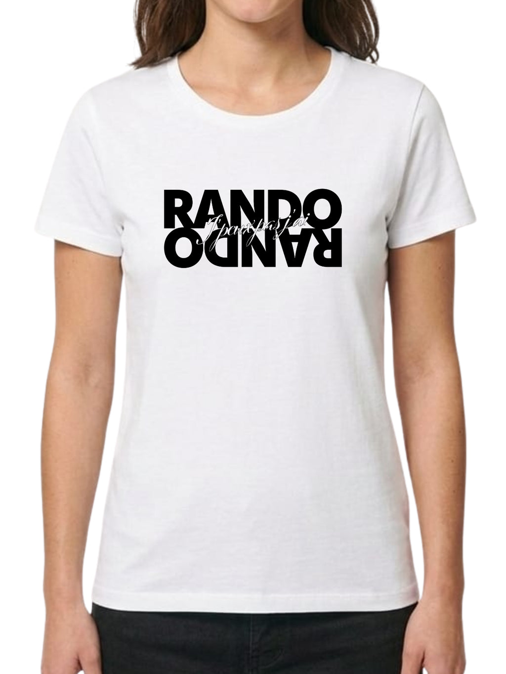 Design typographique original jouant sur un effet miroir où le mot "RANDO" est écrit en gros caractères noirs, avec la phrase manuscrite "J'peux pas j'ai" superposée au centre.