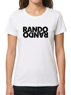 Design typographique original jouant sur un effet miroir où le mot "RANDO" est écrit en gros caractères noirs, avec la phrase manuscrite "J'peux pas j'ai" superposée au centre.