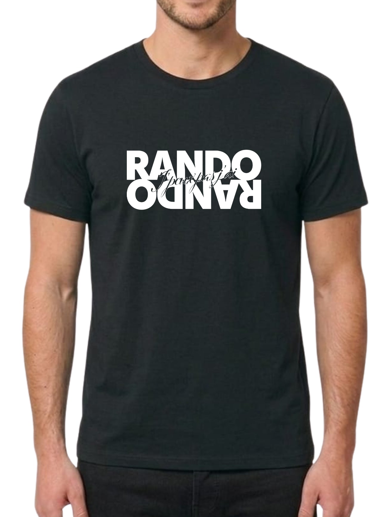 Design typographique original jouant sur un effet miroir où le mot "RANDO" est écrit en gros caractères noirs, avec la phrase manuscrite "J'peux pas j'ai" superposée au centre.