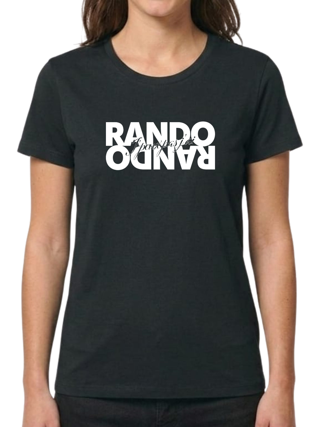 Design typographique original jouant sur un effet miroir où le mot "RANDO" est écrit en gros caractères noirs, avec la phrase manuscrite "J'peux pas j'ai" superposée au centre.