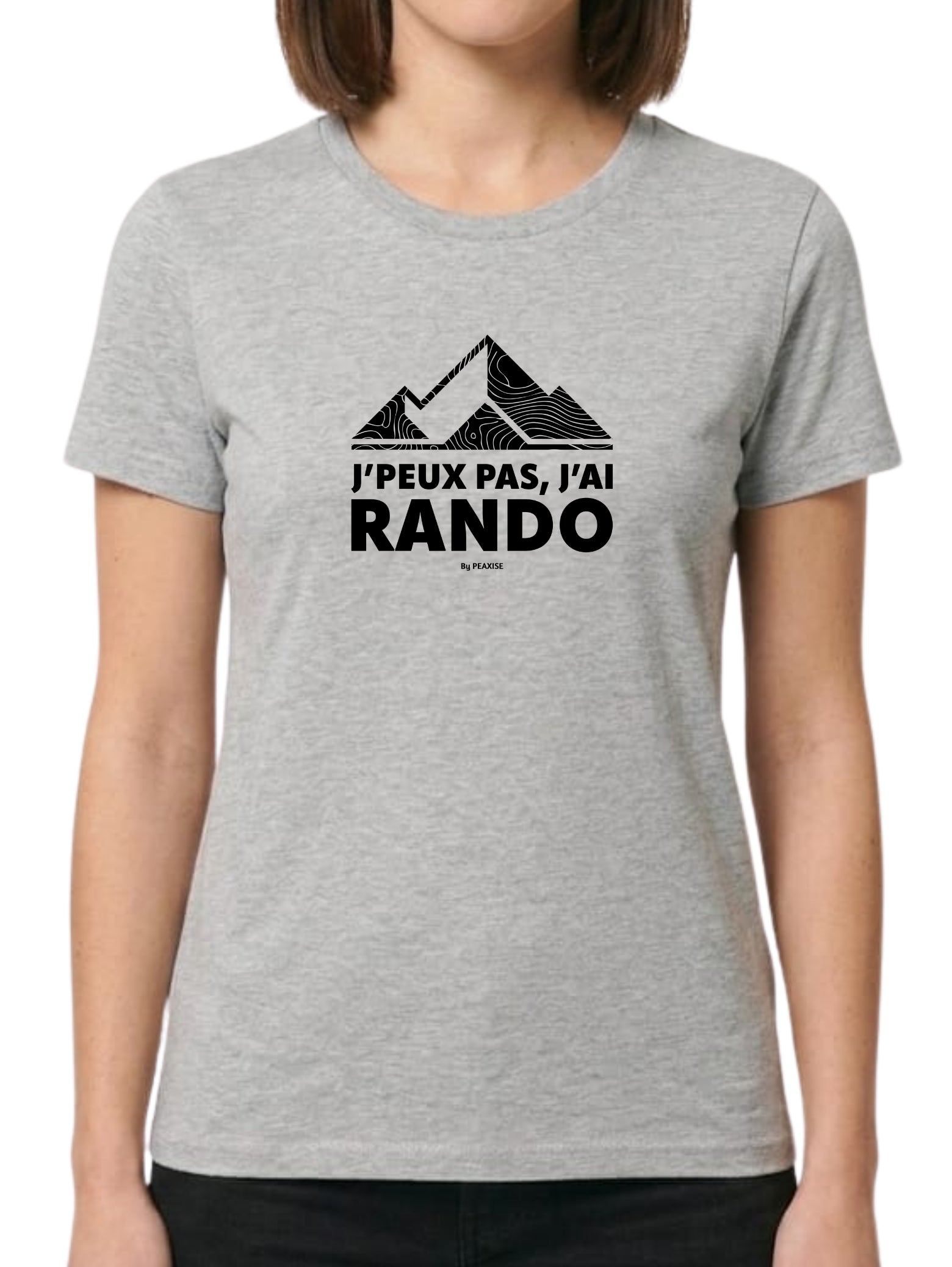Silhouette de montagnes noires remplie de lignes topographiques blanches, surmontant l'inscription "J'PEUX PAS, J'AI RANDO" en typographie moderne et épaisse.