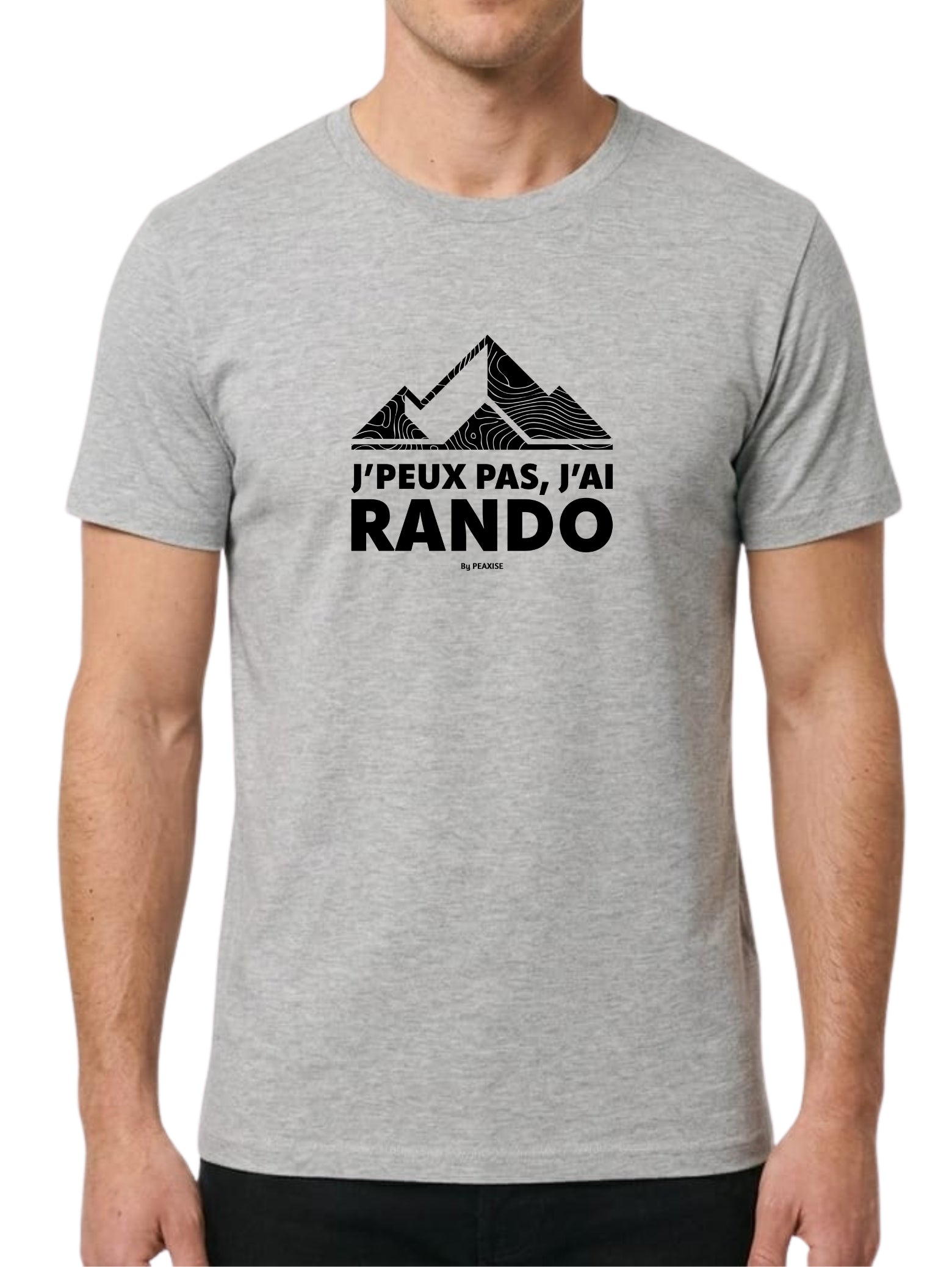 Silhouette de montagnes noires remplie de lignes topographiques blanches, surmontant l'inscription "J'PEUX PAS, J'AI RANDO" en typographie moderne et épaisse.