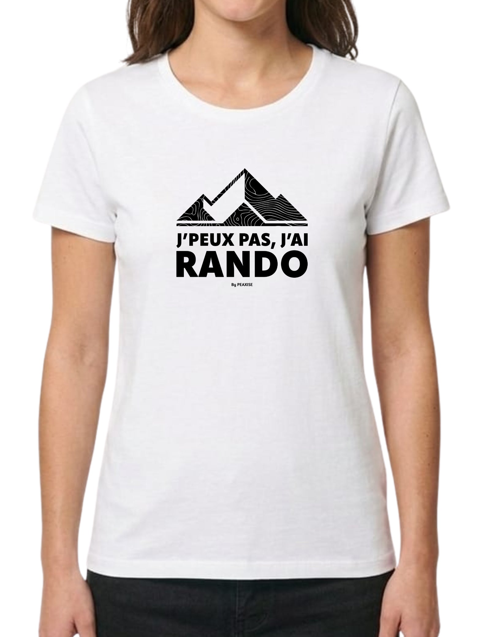 Silhouette de montagnes noires remplie de lignes topographiques blanches, surmontant l'inscription "J'PEUX PAS, J'AI RANDO" en typographie moderne et épaisse.