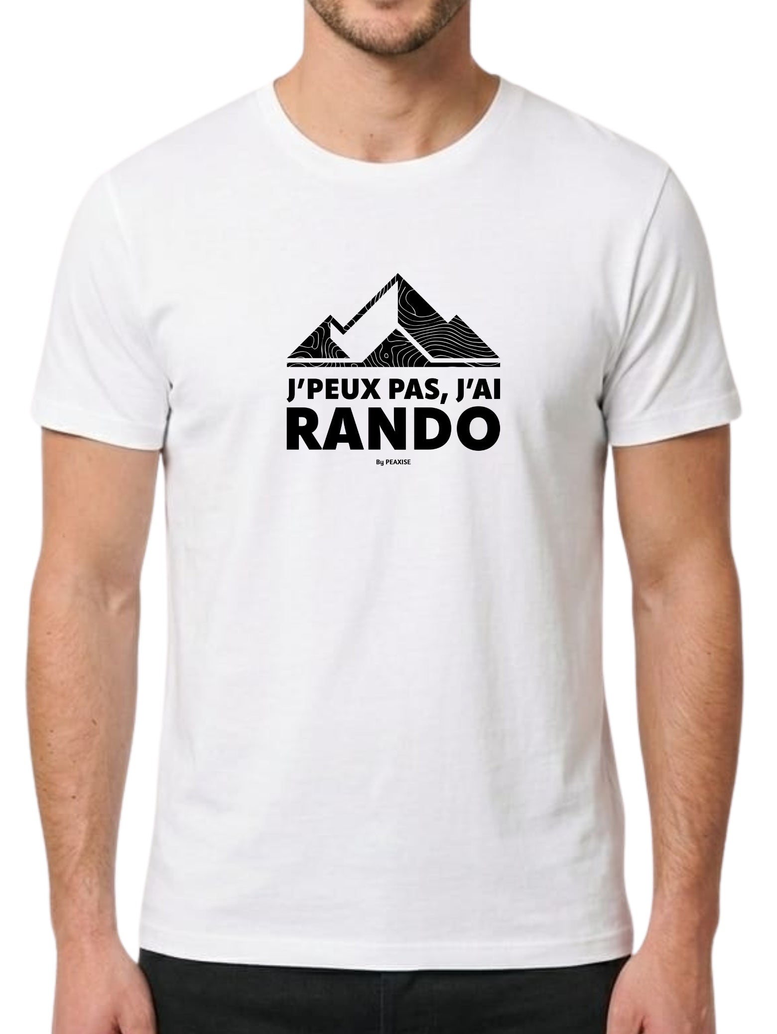 Silhouette de montagnes noires remplie de lignes topographiques blanches, surmontant l'inscription "J'PEUX PAS, J'AI RANDO" en typographie moderne et épaisse.