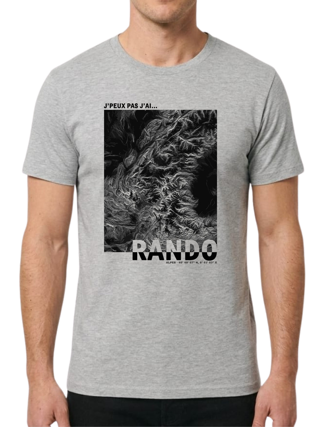 T-shirt blanc "J'peux pas j'ai Rando" avec vue satellite des Alpes en noir et blanc et coordonnées GPS.