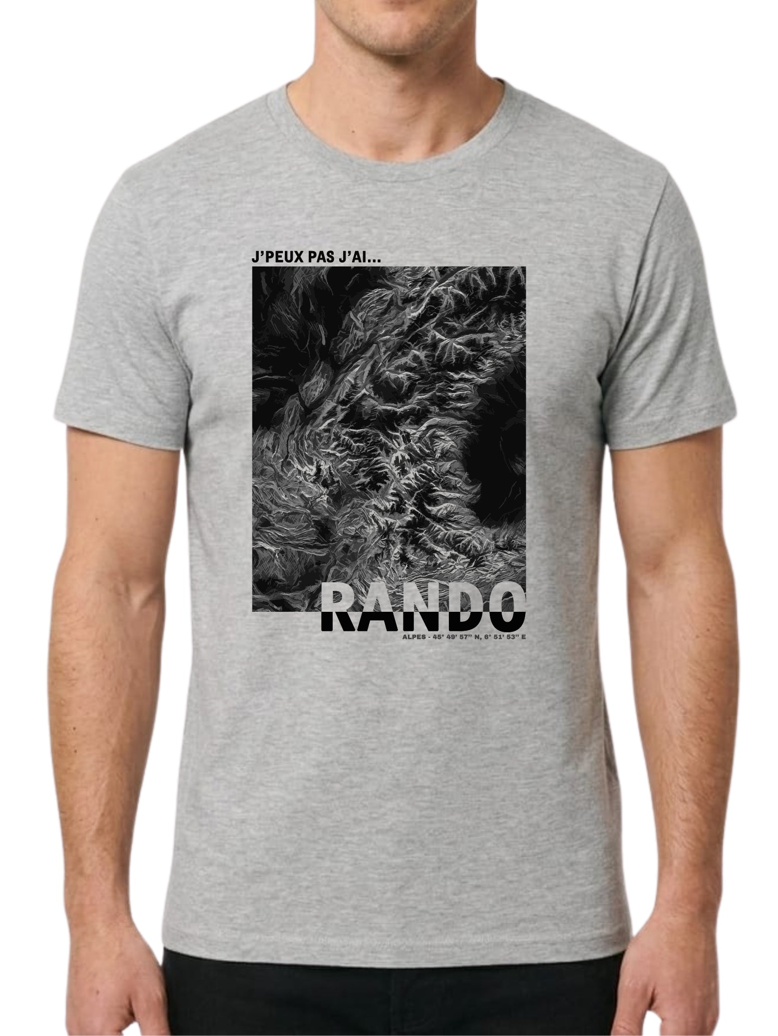 T-shirt blanc "J'peux pas j'ai Rando" avec vue satellite des Alpes en noir et blanc et coordonnées GPS.
