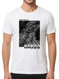 T-shirt blanc "J'peux pas j'ai Rando" avec vue satellite des Alpes en noir et blanc et coordonnées GPS.
